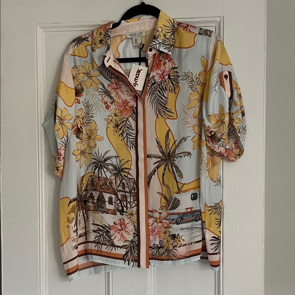 Silky Tropical Print Button Up Shirt